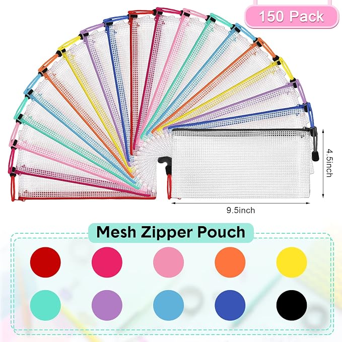 Harloon 150 Pack Pencil Pouch Bulk Gifts Graduation Mesh Zipper Pencil Cases 9.5 x 4.5 Inch Small Clear Holder Storage Multipurpose Cosmetics Toiletry Bags for Office Bill Travel(10 Colors)