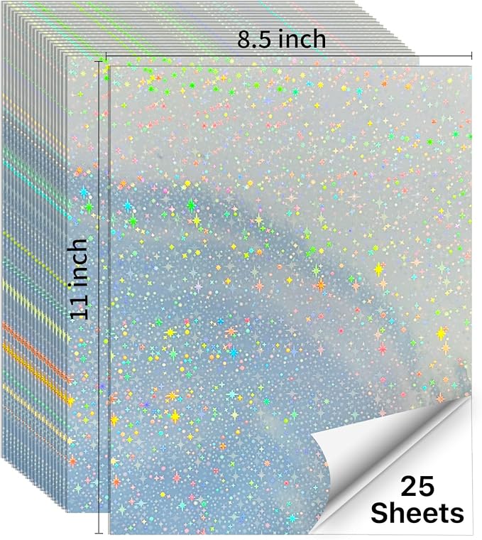 STARLIBOO 25 Sheets Holographic Sticker Paper for Inkjet&Laser Printer, Printable Vinyl Sticker Paper Self-Adhesive, 8.5" x 11" (Laser Star)