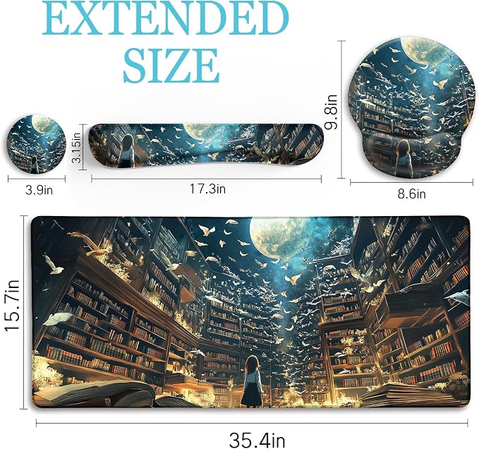 LIMKRIAN Anime Book Mouse Pad Set Large Desk Matt for Desktop Decor | Ergonomic Mouse Pad Wrist Rest, Gaming Computer Mat Keyboard Wrist Support, Coaster, Home Office Desk Accessories for Women