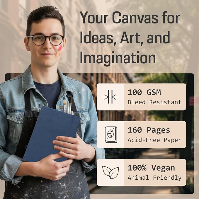 BROWNSTONE JOURNALS A5 Sketch Book Hardcover - 80 Sheets 100 GSM Paper 5"x8", Lay Flat, Vegan Leather Cover, Elastic Band, Back Pocket, Art Drawing Book (Symphony Blue)
