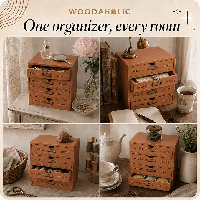 Modular Stackable Apothecary Cabinet 4 Drawer Desk Organizer - Retro Library Card Catalog Wood Storage Box - Organize Stationery, Thread Embroidery, Sewing, Crafts, Junk Drawer & Supplies Countertop