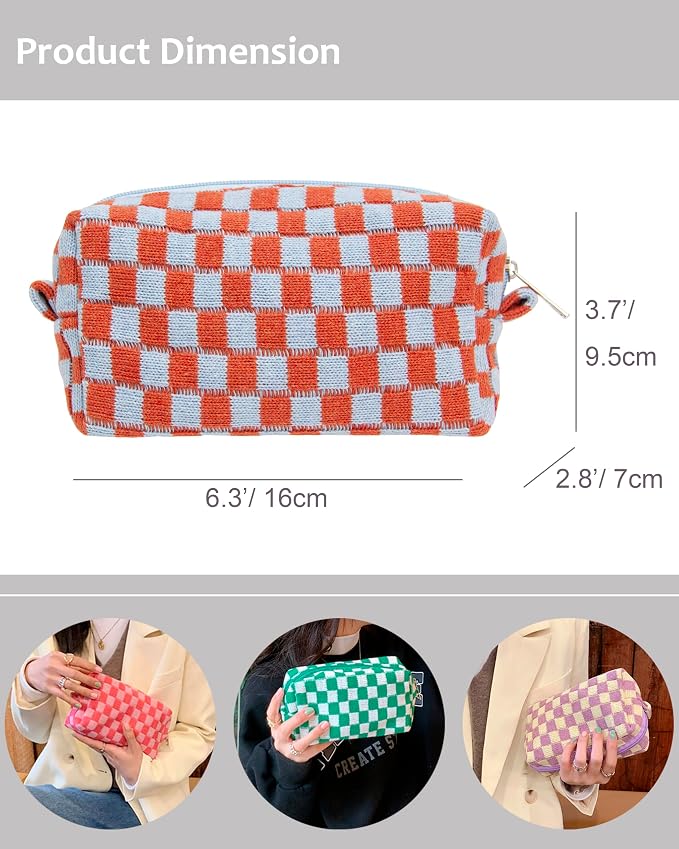 Checkered Makeup Bag for Purse, Small Travel Cosmetic Pouch,Orange Blue | Cute Zipper Makeup Organizer for Women, Travel Essentials, Toiletries, Makeup Brushes, Beauty Accessories&Bridesmaid Gifts