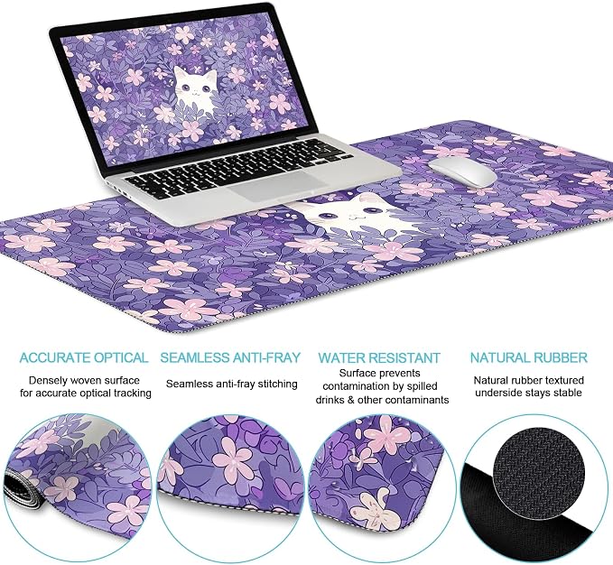 LIMKRIAN Purple Mouse Pad Large Desk Mat Set, Kawaii Cat Gaming Mousepad | Ergonomic Wrist Rest, Computer Mat, Keyboard Wrist Support, Coaster, Cute Purple Office Desk Accessories Cat Decor Supplies