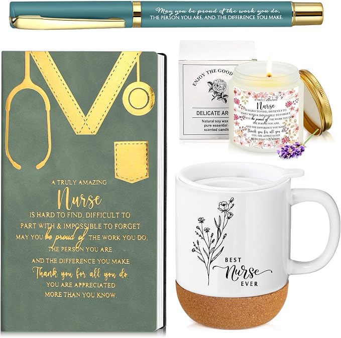 Sayglossy 4 Pcs Nurse Gifts Set for Women Men Nicu Practitioner School Nurses PU Leather Notebook Coffee Mug Scented Candle Ballpoint Pen for CNA RN Gifts Nurse Retirement Birthday Teacher Coworker