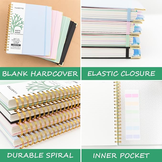 VANRTTO 5 Subjects Hardcover Spiral Notebook College Ruled Lined B5 Green | Hardcover 8.0x10 IN Spiral Notebook With Removable Tab Dividers, 110 GSM Paper Notebooks for Work, 300 Pages B5 Notebooks