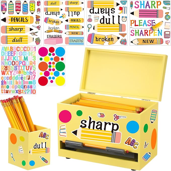 Mifoci 8 Pcs Wooden Pencil Dispenser Kit for Classroom Wooden Pen Holder Straw Dispenser Sharp and Dull Letter Stickers for Teachers Classroom Supplies Storage (Yellow)