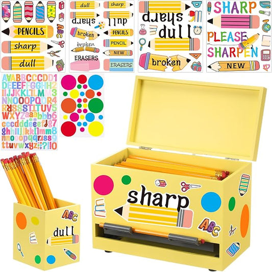 Mifoci 8 Pcs Wooden Pencil Dispenser Kit for Classroom Wooden Pen Holder Straw Dispenser Sharp and Dull Letter Stickers for Teachers Classroom Supplies Storage (Yellow)