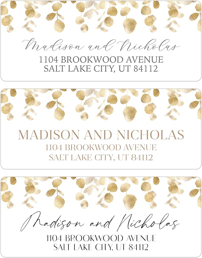 Return Address Labels Personalized with Your Choice of 30 Flower Styles - Choose Font and Font Color or Add Custom Text - Perfect for Wedding Envelopes (004 Gold Leaves)