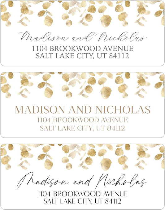 Return Address Labels Personalized with Your Choice of 30 Flower Styles - Choose Font and Font Color or Add Custom Text - Perfect for Wedding Envelopes (004 Gold Leaves)