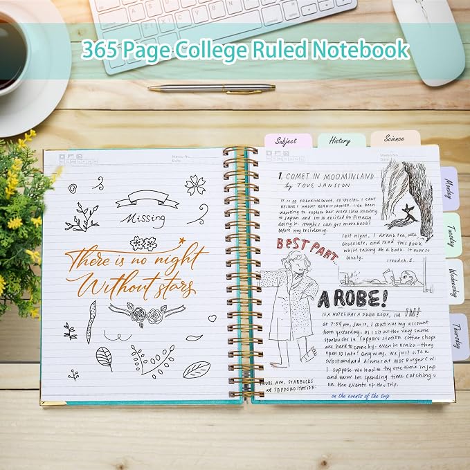 Spiral Notebook, 365 Page Hardcover Leather Notebook Journal, Large A5 Lined Journal for Women Men, College Ruled Notebooks for Work School, Journals for Writing, 24pcs Index Tabs, 5.5" x 8.5", Black