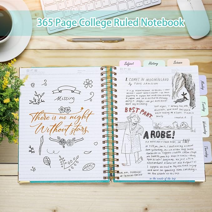 Spiral Notebook, 365 Page Hardcover College Ruled Notebook, 8.5" x 11", Large Leather Notebook Journal for Men Women, A4 Notebooks for Work School Notes, Journals for Writing, 24pcs Index Tabs, Green