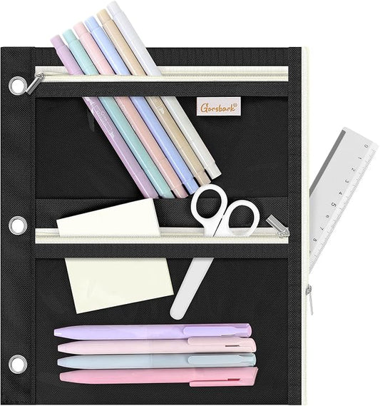 3 Ring Binder Pencil Pouch, 3-Pocket Zipper Pencil Case with Reinforced Grommets & Clear Window, Durable Pen Organizer for School Office Supplies Black