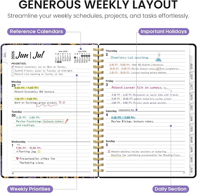 Planner 2026-2027, Academic Year Monthly and Weekly Calendar Planner, Jul 2026 - Jun 2027, Hardcover Teacher Student Planning Agenda book with Tabs, Perfect for School Office Supplies, 6.3" x 8.5" - Nocturne Blooms