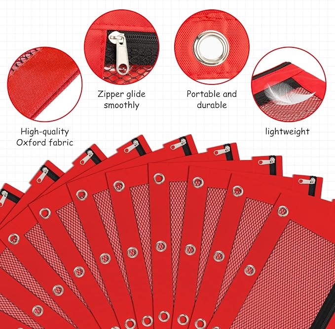 3 Pack Pencil Pouch for 3 Ring Binder Bulk Binder Pouch with Zipper for Classroom Box Pencil Case for Storing School Students Teacher Supplies,Red