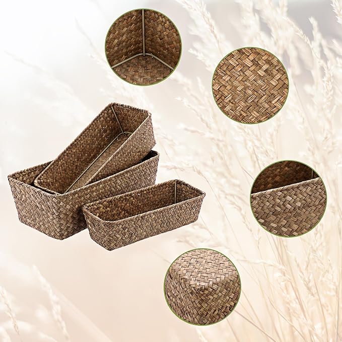 3 Natural Wicker Basket Set Rectangular Handwoven Seagrass Basket Storage Bins Home Organizer Bins - Household Basket Box for Shelf Wardrobe Desktop Home Decor (Coffee)