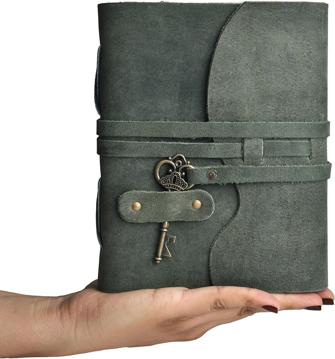 LEATHER VILLAGE Vintage Leather Journal – 200 Handmade Vintage Deckle Edge Paper – Leather bound Journal For Women Men – Vintage Key Closure - Book of Shadows - Aqua - 8X6 inches (A5)