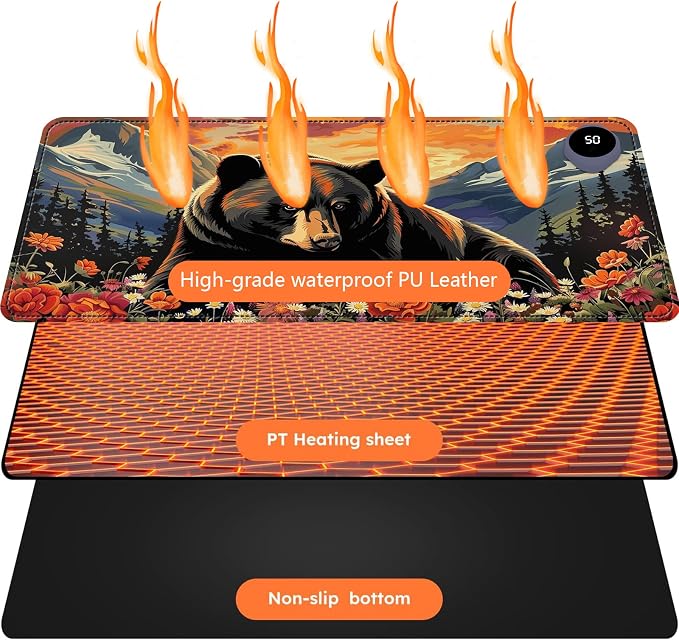 Heated Mouse Pad with 3 Levels Heated & 3 Hours Auto Shut-Off Mouse Pad for Warming Hands in Office Home, 31.5" x 13"Large Safe Desk Mat Hand Warmer，Black Bear