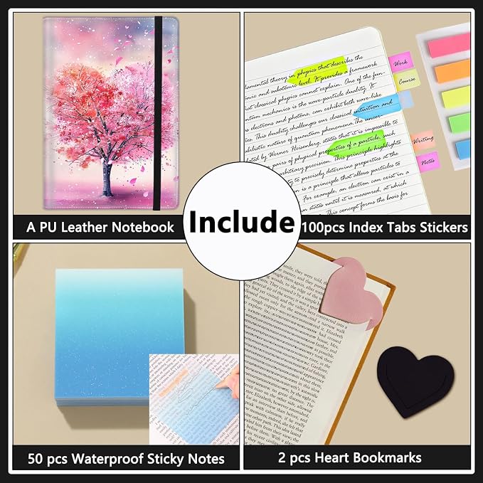 A5 Leather Lined Journal Notebook, 200 Pages Hardcover Executive Notebook for Office Note Taking, Thick Writing Paper Daily Journal with Bookmarks/Indexes, Heart Shaped Tree