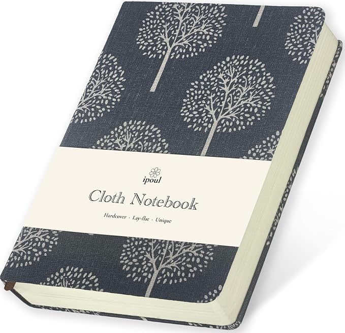 Linen Notebook, Hardcover Cloth Journal, B6, 264 Pages, 5x7 Small Lined Notebook & Sketchbook, Lay Flat, White Tree Navy Blue Fabric, Dirt-proof, Suitable for Outdoor Sketching