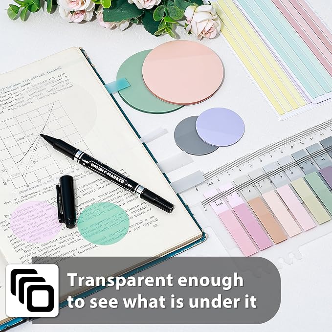 870 Sheets Transparent Sticky Notes, Clear 3 x 3 Round Sticky Notes with Marker, Waterproof Translucent Annotation Index Tabs for Bible Study Journaling Supplies