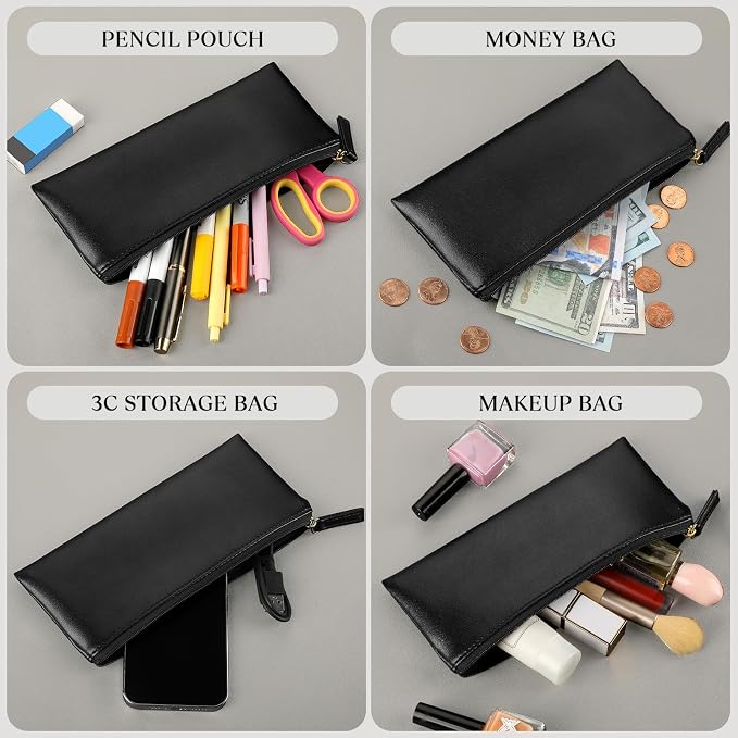 MROCO PU Leather Pencil Case, Small Zipper Pouch, Black | for Pencils, Pens, Markers, Makeup, Coins, Change, Water-resistant PU, Smooth zip, compact for school office travel