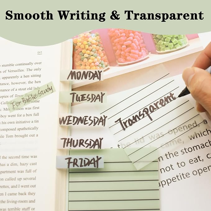 YOUDEFUL 800Pcs Transparent Sticky Notes, Green Clear Sticky Notes with Lined, 3"x3" Waterproof Translucent Sticky Note Pads, Index Tabs, Clear Post it Notes for Bible Study, See Through Sticky Notes