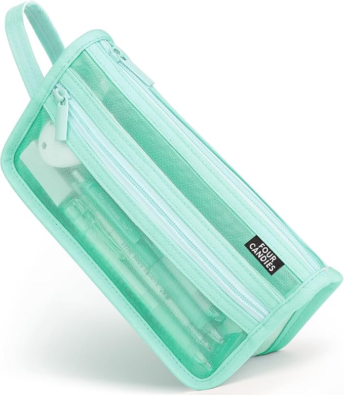 Four Candies Grid Mesh Pencil Case, Double-Layer, Clear, with Handle | Cute Stationary, Marker Organizer, Makeup Bag, Transparent Mesh, Smooth Zipper, Travel Friendly, for Adult Office College