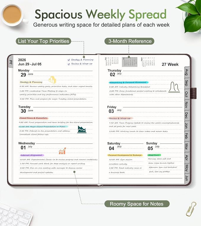 Planner 2026-2027, Academic Weekly and Monthly Calendar Planner from July 2026 - June 2027, Hardcover Leather Daily Agenda Book with Tabs, College School Organizer for Student Teacher, A5 (5.75" x 8.38"), Brown