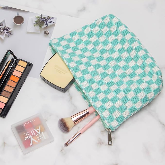 Checkered Makeup Bag for Purse, Small Flat Cosmetic Pouch,Arctic Blue | Cute Zipper Makeup Organizer for Women, Travel Essentials, Toiletries, Makeup Brushes, Beauty Accessories&Bridesmaid Gifts