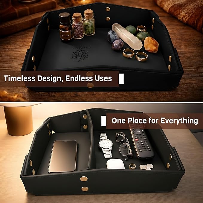 Valet Tray Organizer for Men & Women - PU Leather Catch All Tray with Removable Divider - EDC Storage for Keys, Watch, Phone - Nightstand, Dresser & Desk Organizer - Obsidian Black