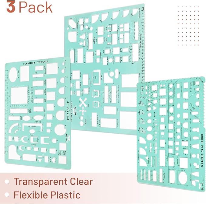 Mr. Pen- House Plan, 3 pcs, Interior Design and Furniture Templates | Clear Flexible Plastic, Drafting Tools, Ruler Shapes for Architecture, 1/4 Inch Scale, Kitchen, Bath, Bedroom, Office