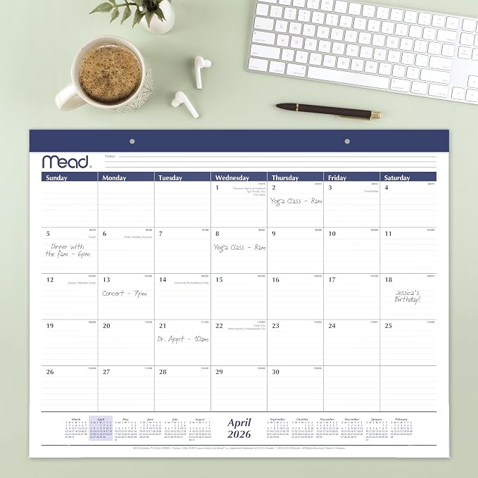 Mead Desk Calendar 2026-2027 Planning Pad, Academic 15-Month April-June, Monthly, 21.75" x 17" Standard, Ruled Daily Block (CAM92020)