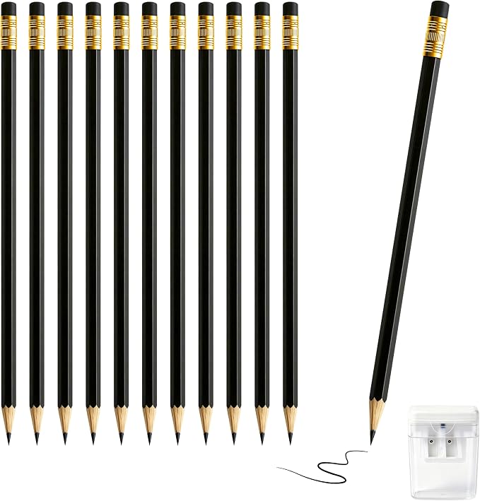12 Pcs Black Pencils with Eraser for Kids HB Erasable Pencils Pre-Sharpened Professional Wooden Pencils Set, Ideal for School Writing, Drawing, Sketching, Coloring and Creative Projects(Black)