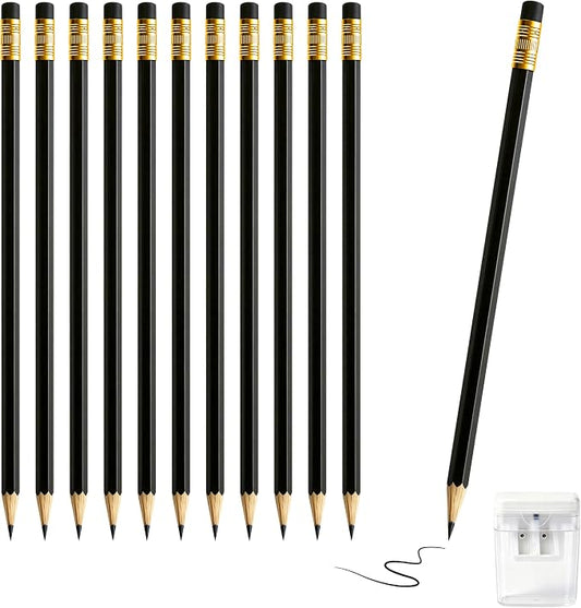 12 Pcs Black Pencils with Eraser for Kids HB Erasable Pencils Pre-Sharpened Professional Wooden Pencils Set, Ideal for School Writing, Drawing, Sketching, Coloring and Creative Projects(Black)