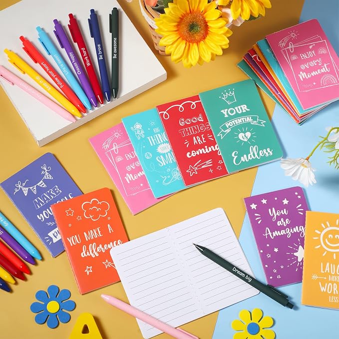 Funrous 32 Pcs Motivational Quote Pens Inspirational Notepads Mini Journal with Ballpoint Pen Small Notebooks Gift for Men Women Coworker Adult Party Favors Prize Teacher Student Office(Minimalistic)