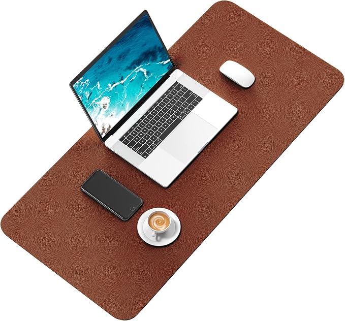 Hsurbtra Desk Pad, 30" x 14" Dual Side PU Leather Desk Mat, Waterproof Non-Slip Desktop Blotter Protector, Large Mouse Pad for Laptop Keyboard Office Home, Brown & Grey