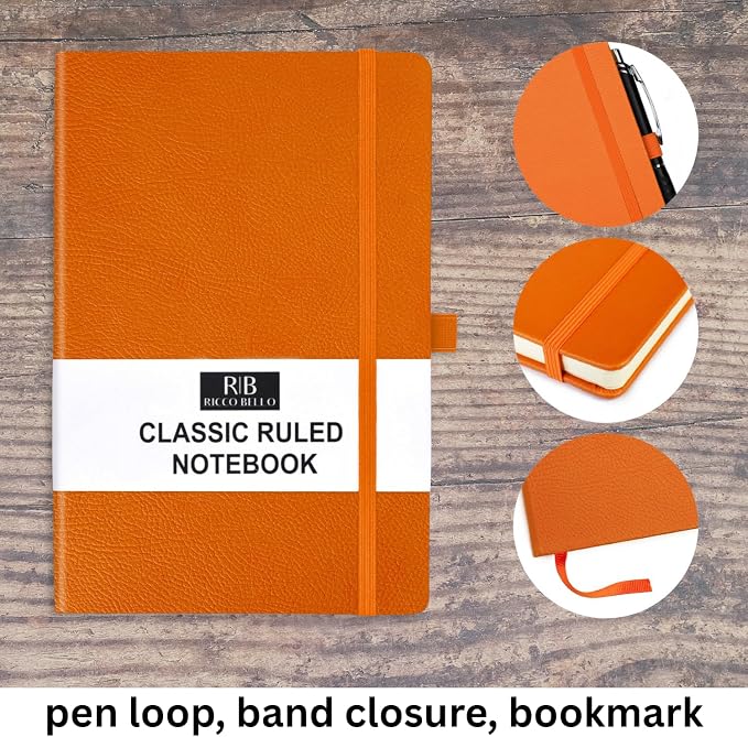 RICCO BELLO Lined Journal Notebook with Pen Holder, Orange | Faux Textured Leather Hardcover, College Ruled, 96 Sheets / 192 Pages, 5.7 x 8.4 Inches, For Work & Notes