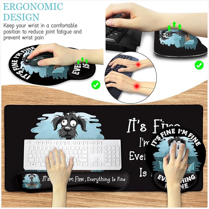 LIMKRIAN Funny Dog Mouse Pad Set Large Desk Mat for Desktop Decor, 35.4" | Ergonomic Wrist Rest Mouse Pad, Gaming Mousepad Wrist Support, Keyboard Mat, Coaster, Office Desk Accessories It's Fine