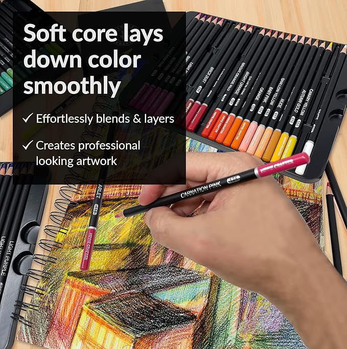 HIPPIE CRAFTER Color Pencils, 72 Colored Pencils for Adult Coloring Books, Professional Artist Set, Premium Soft Pencil Colors for Drawing, Sketching, and Art Supplies for Beginners