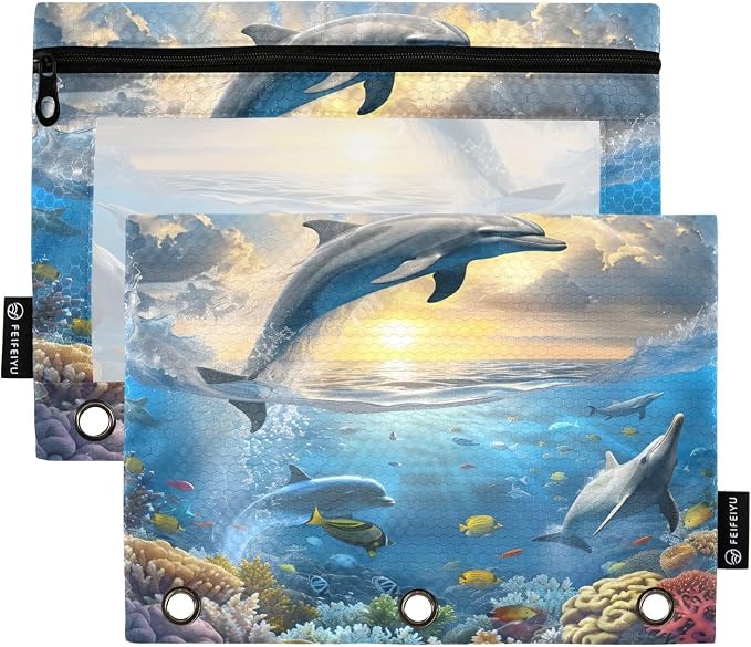 Funny Leaping Dolphins Nautical Ocean Coastal Pencil Pouch for 3 Ring Binder 2 Pack Zipper Binder Pencil Bag with Clear Window Pencil Case for Office Supplies