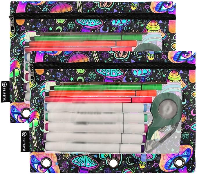 Magic Mushrooms Pencil Pouches for 3 Ring Binder 2 Pack | Binder Pencil Case With Zipper Reinforced GrommetsPencil Bags for Office Organizers