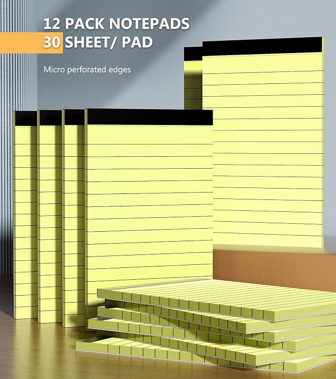 12 Pack Notepads 3x5, Perforated Yellow Memo Pads, 30 Sheets | Thick Paper, Ink Bleed Resistant, Smooth Writing Durable Cardboard Back, Easy Tear-Off,Perforated Pages, Compact Size