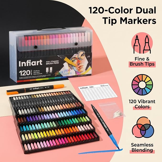 120 Colors Dual Tip Brush Pens, Water-Based Markers with Fine Tip and Brush Tip, Art Pens for Coloring Books, Calligraphy, Sketching, Journaling, Drawing for Adults Art Supplies and DIY Crafts