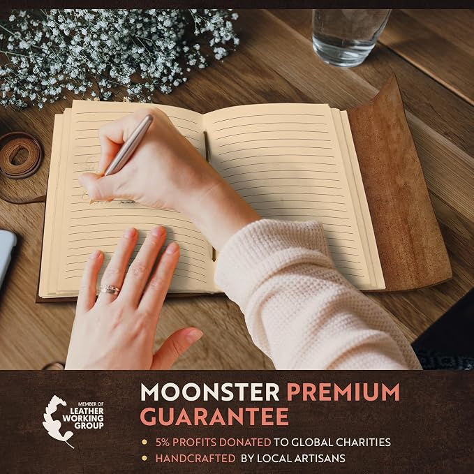 moonster Leather Journal with Embossed Heart Shape - Non Refillable 8x6″ Lined Notebook - 400 Pages College Ruled Kraft Paper - Inspirational Small Notebook - Leather Journals for Women