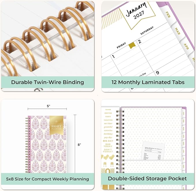 Blue Sky Day Designer 2027 Weekly & Monthly Planner, 5"x8", Kerridge Lilac | January 2027 - December 2027, Clear Pocket Cover, Durable Twin Wire Binding, Storage Pocket, Stickers