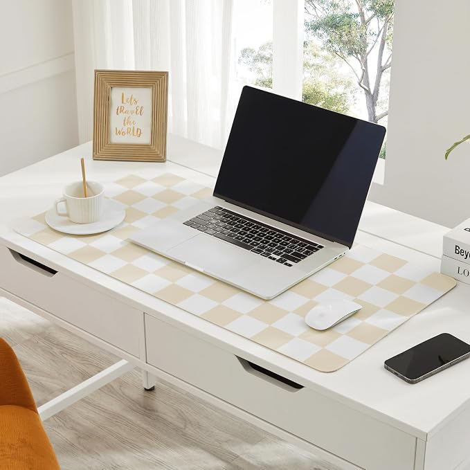 Ohocut Checkered Desk Mat, 31.5" x 15.7" Large Cute Beige Sand Aesthetic Retro Accessories, PU Leather Computer Laptop Desk Mat Mouse Keyboard Pad, Desk Writing Makeup Mat for Vanity/Work/Home Decor