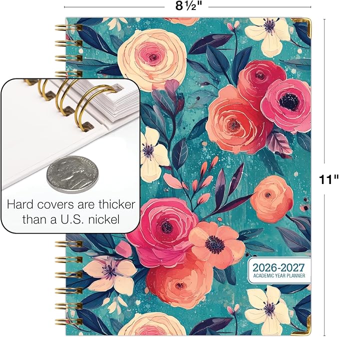 HARDCOVER Academic Year 2026-2027 Planner: 14 Months (May 2026 Through June 2027) 8.5"x 11" Daily Weekly Monthly Planner Yearly Agenda. Bookmark, Pocket Folder and Sticky Note Set (Teal Floral)