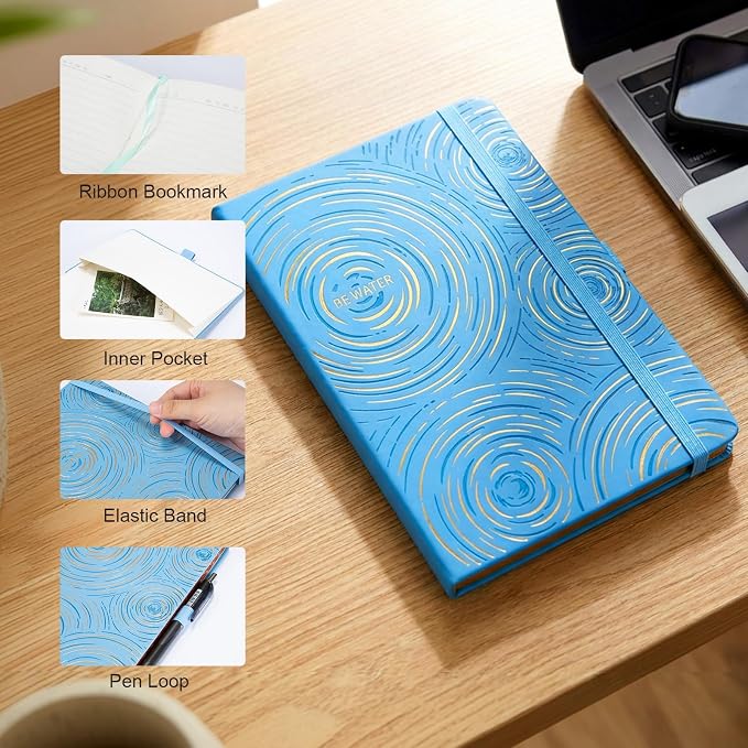 Comix Aesthetic Lined Journal for Men & Women, 192 Page, 100GSM Leather Journal, 5.5" x 8.3", Be Water Hardcover Notebook for Writing & Note Taking, Fits for Office School Home, Light Blue