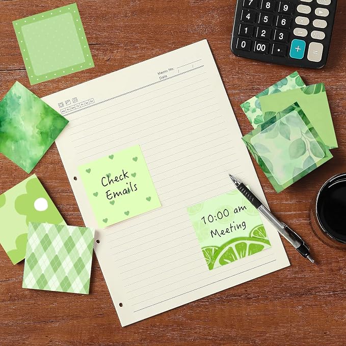 9 Pads Green Sticky Notes Set, Cute Self-Stick Notepads, Super Adhesive Memo Pads Note Card, Office Decor Gifts, Desk Accessories for Students, School Supplies for Girls, 3x3in