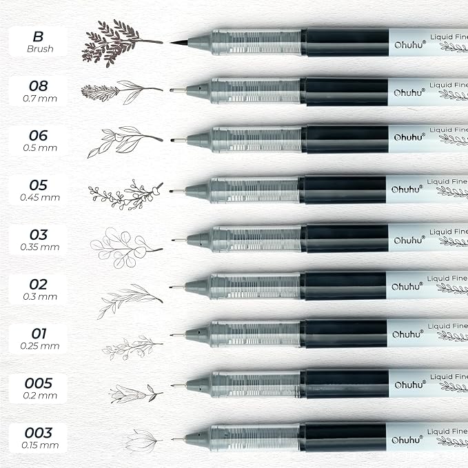 Ohuhu 9 Sizes Liquid Micro Fineliner Drawing Pens | Pigment Black Ink Water-proof Alcohol-proof Assorted Point Tips Smooth Writing Sketching Journaling Anime Artist Beginners